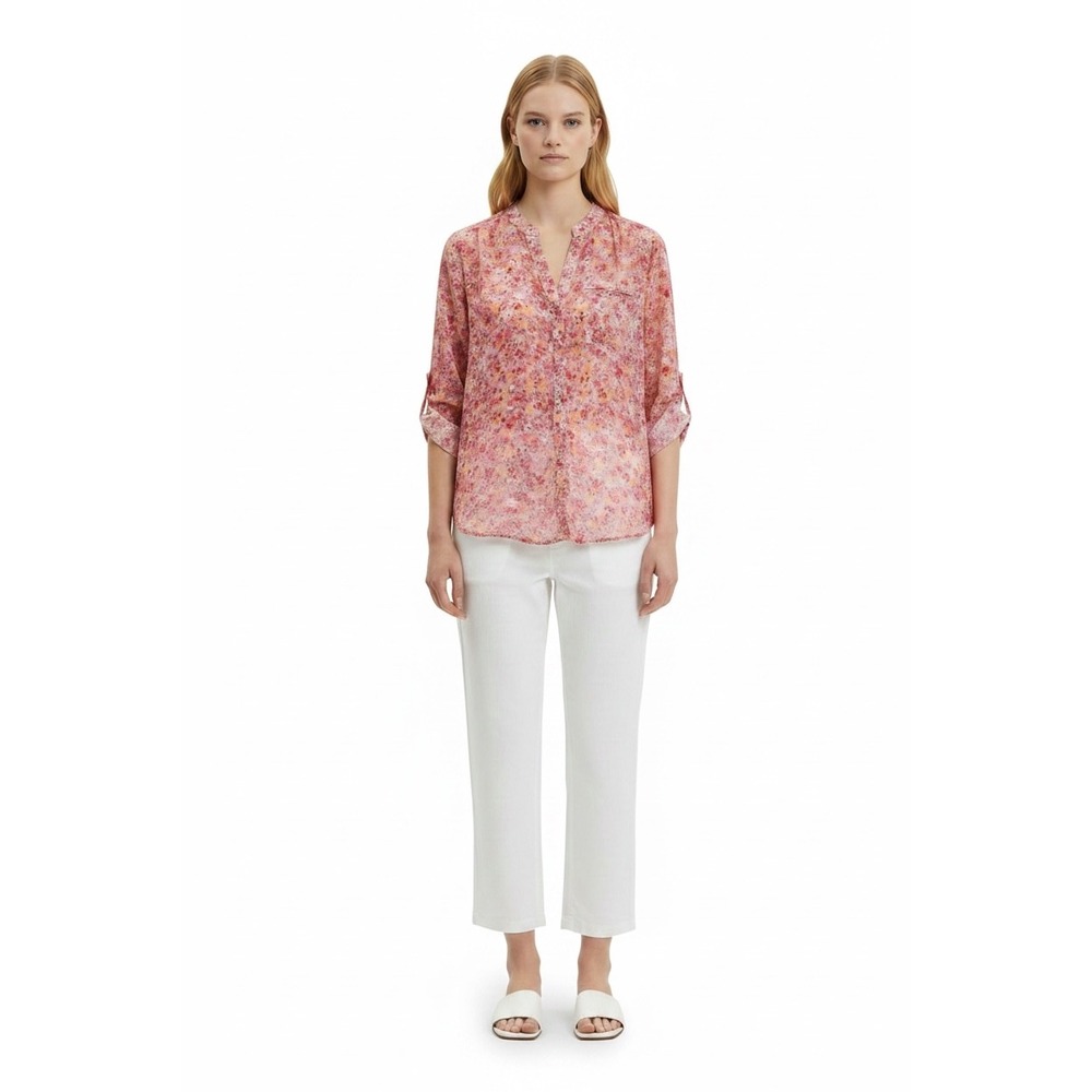 KUT from the Kloth Womens Large Pink Floral Roll Tab Sleeve V-Neck Blouse Top